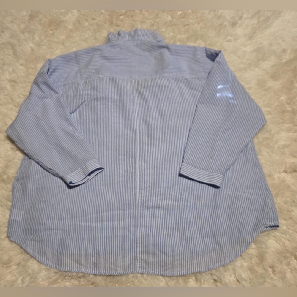 Popover Fit Size XL Blue & White Women's Ruffled V Neck 3/4 Length Sleeve EUC - Picture 4 of 6